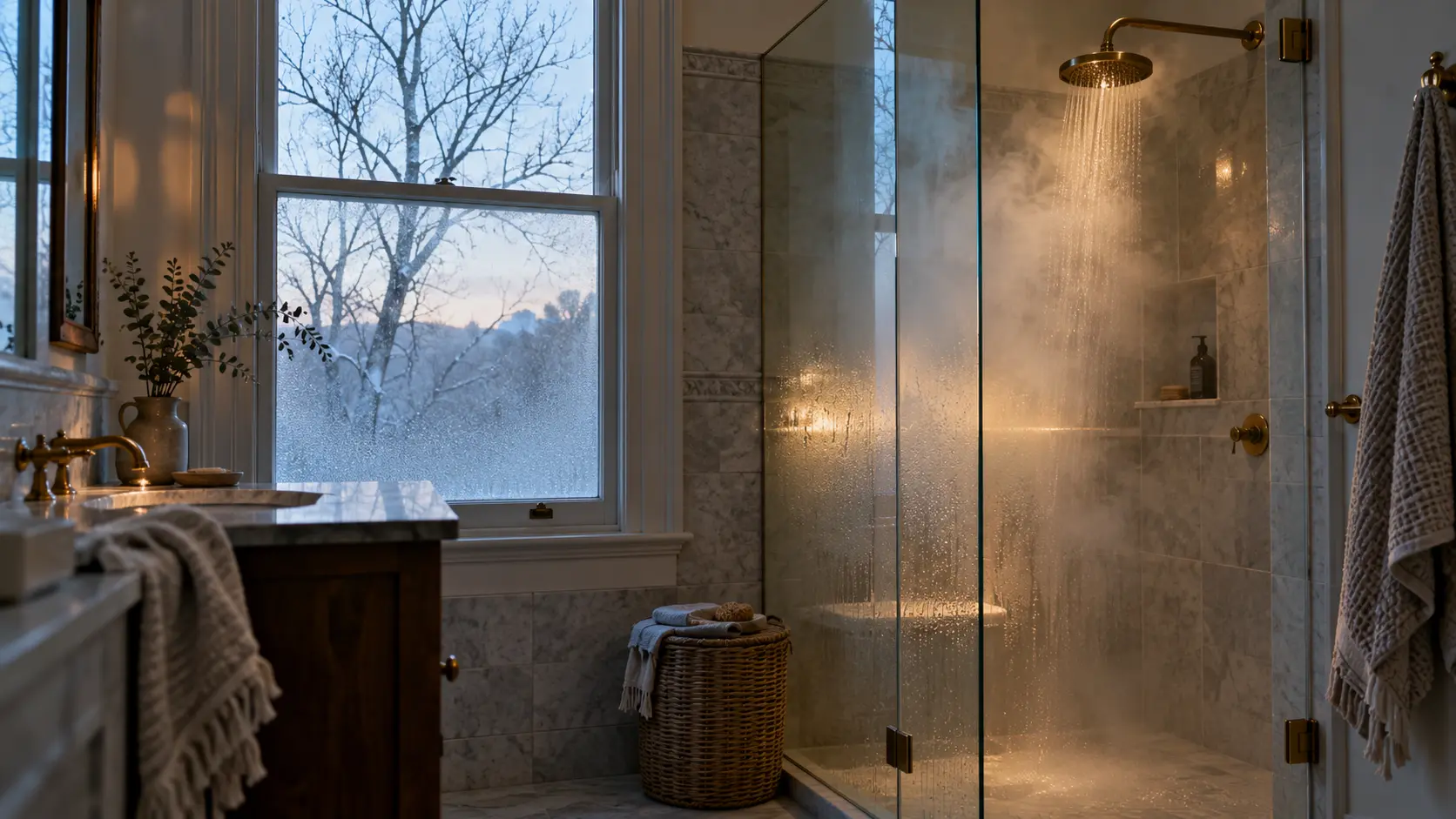 Steamy hot shower in an established Orange NSW character home on a cold blue-grey morning